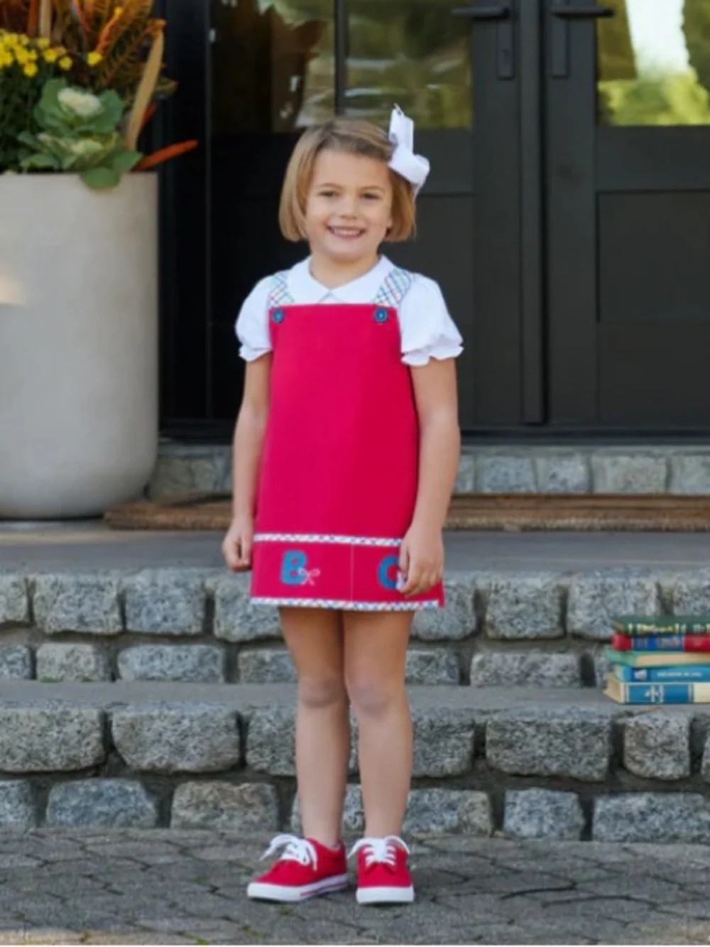 RARE Beaufort Bonnet Company Red Pinafore with Plaid Bloomers Jillian Jumper Set